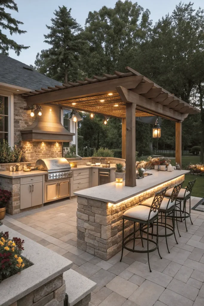 Garden outdoor kitchen built under pergola with grill, stone counter, and seating in a shaded corner.