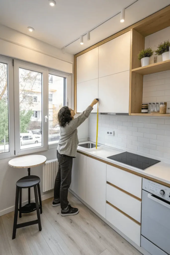 Person measuring kitchen space with a tape measure before adding a table.