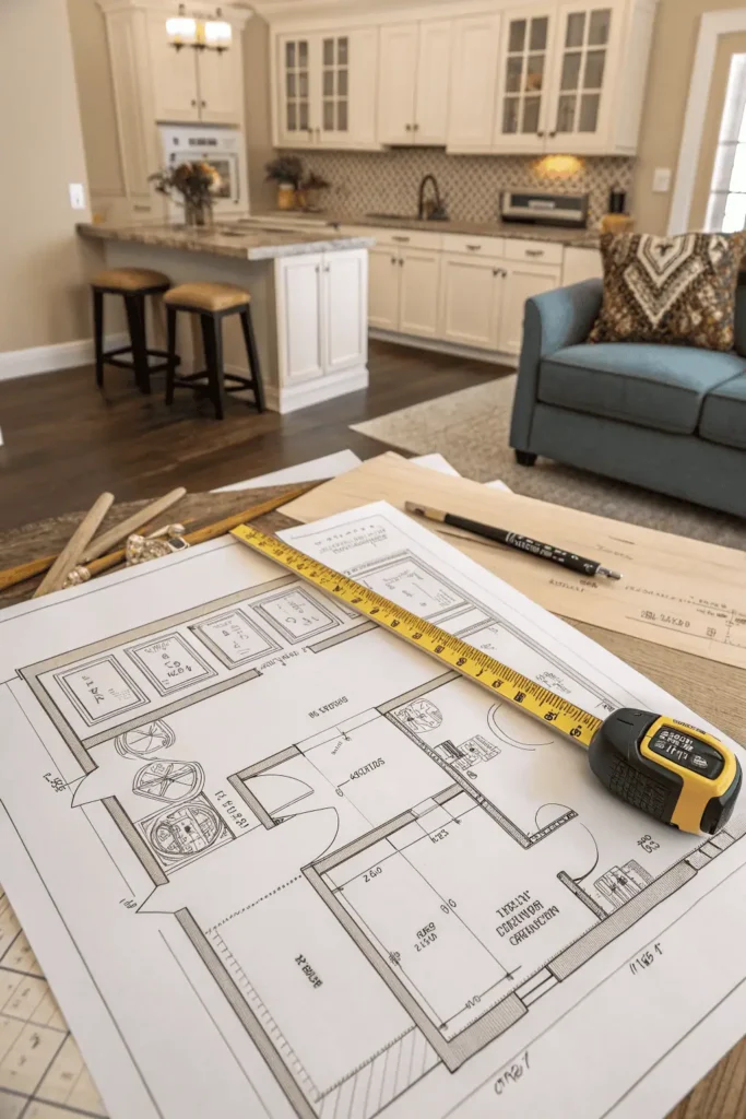 Small open kitchen layout planning with sketches, measuring tools, and connected living area.