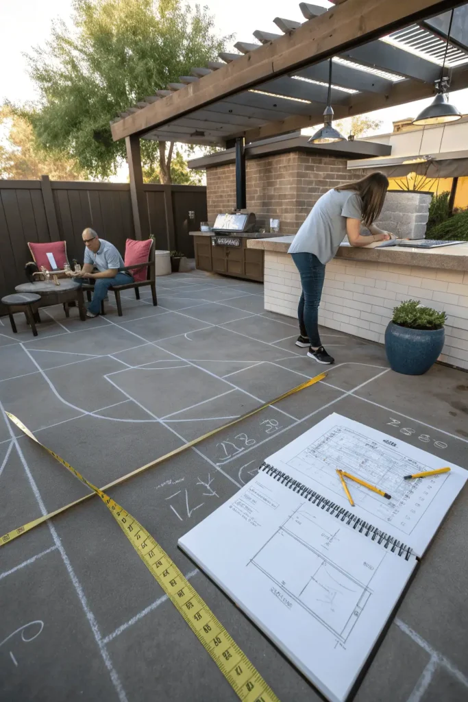 Couple measuring and sketching layout for outdoor kitchen on backyard patio.