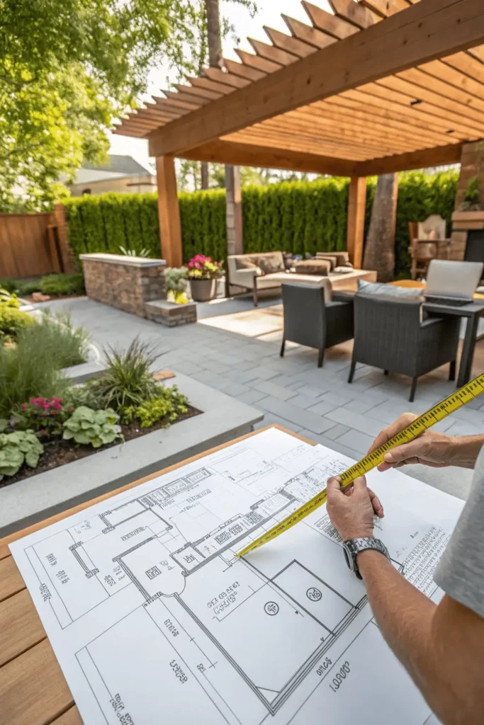 Homeowner planning backyard outdoor kitchen layout with design plans and measuring tape.