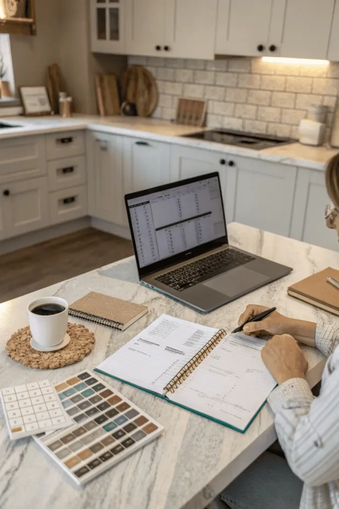 Homeowner planning a kitchen remodel with a laptop, notepad, material samples, and a calculator on the table to set goals and budget.