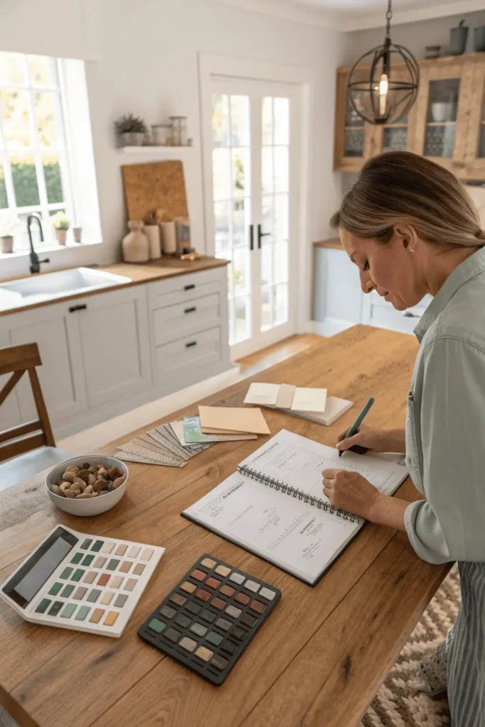 Homeowner planning a mobile home kitchen remodel budget with samples, calculator, and notes.