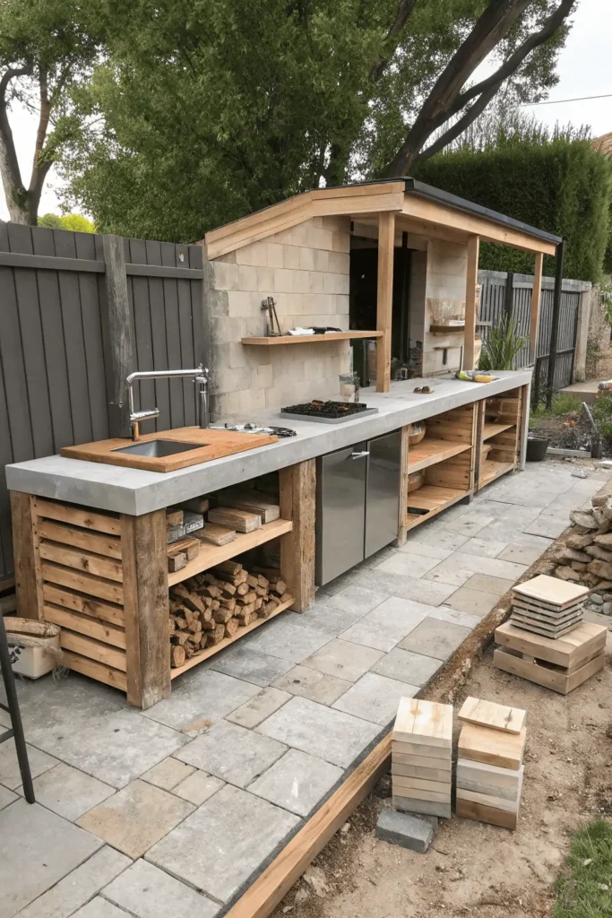 Outdoor kitchen made with reclaimed wood counters and concrete block base in backyard.