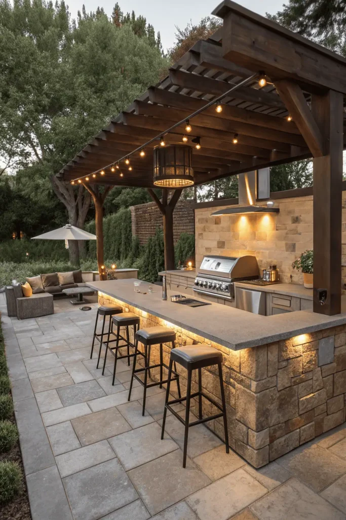 Different outdoor kitchen layouts including L-shape, straight-line, and U-shape with grill and seating.