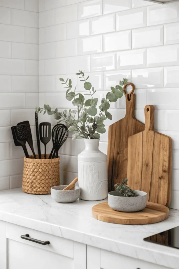 Kitchen counter decor with matching white, black, and wood tones showing a chosen color palette.
