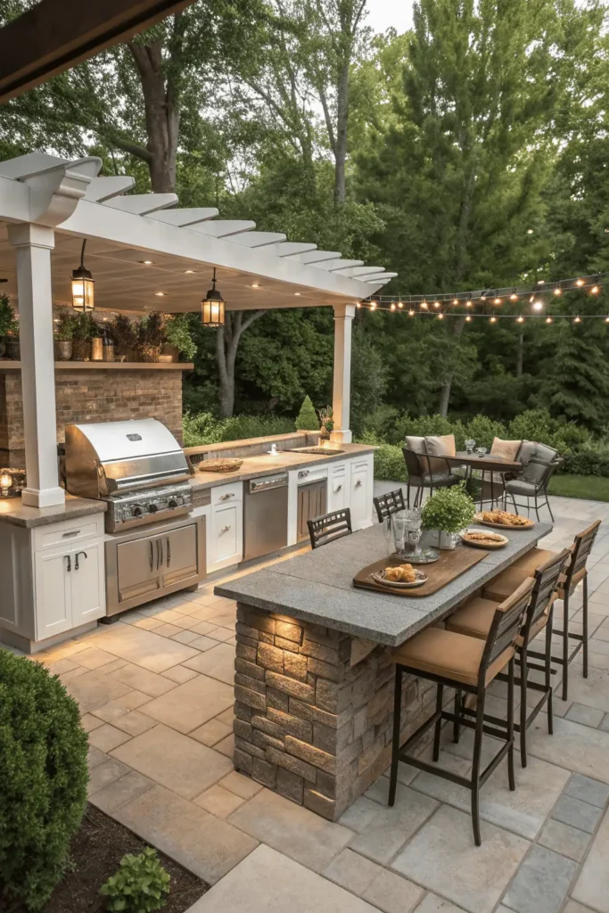 Realistic backyard outdoor kitchen layouts including L-shape, straight-line, and U-shape designs.