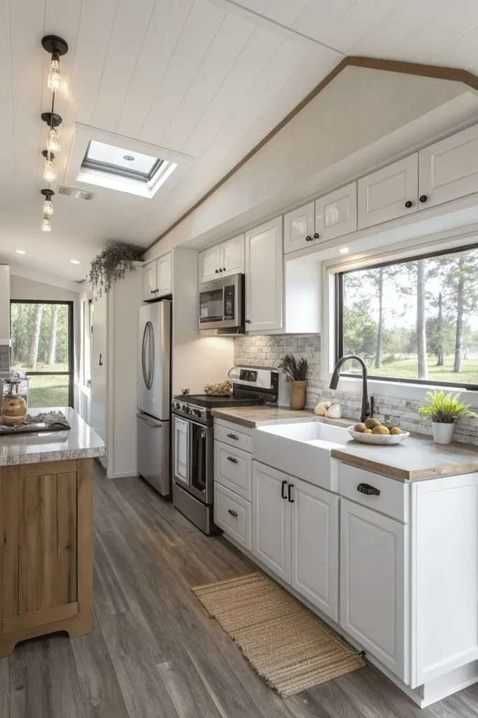 Mobile home kitchen remodel with an L-shaped layout and efficient work triangle design.