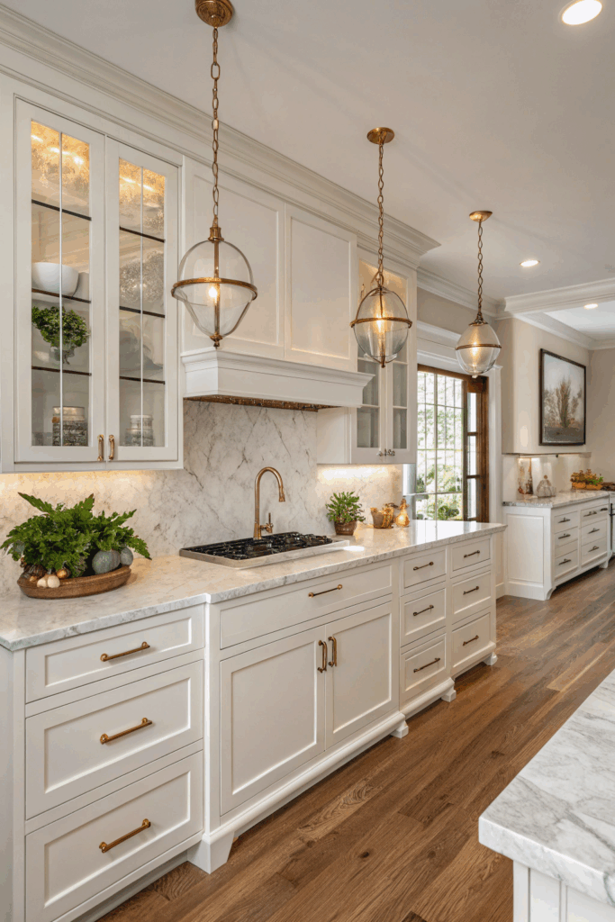 Kitchen with white cabinets, marble counters, wooden floor, and metallic accents.