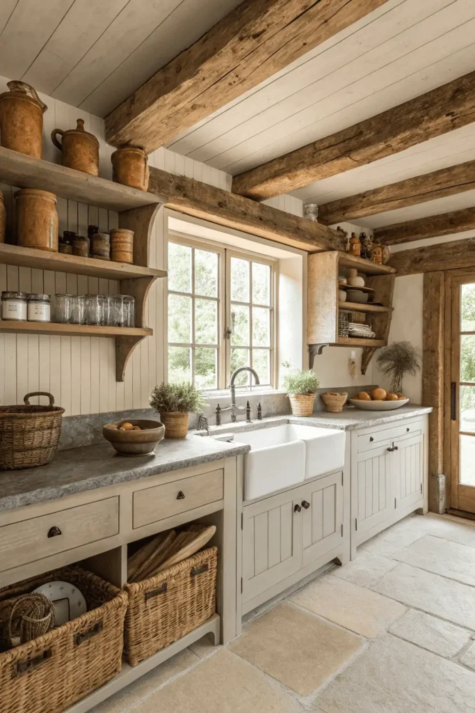 Farmhouse kitchen with reclaimed wood beams, stone countertops, and shiplap walls, styled with rustic accents to add warmth and authenticity.