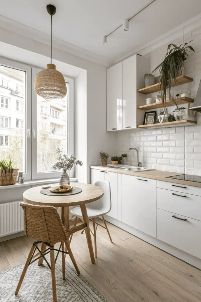 Small kitchen with a round table and a narrow rectangular table showing space-saving shapes.
