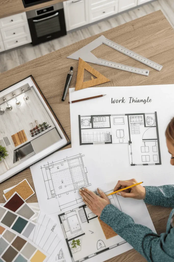 Designer reviewing kitchen layout blueprints with L-shape, U-shape, and galley options, highlighting the work triangle for efficiency.