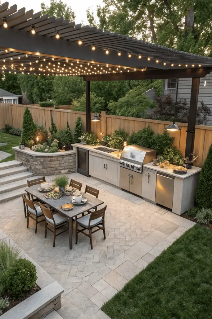 L-shaped garden outdoor kitchen with grill, sink, prep area, and dining table under pergola.