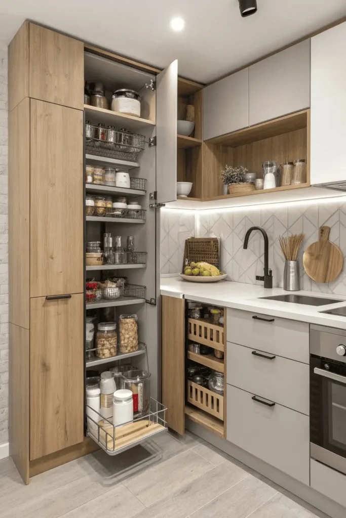 Small open kitchen with pull-out cabinets, floating shelves, and hidden storage solutions.