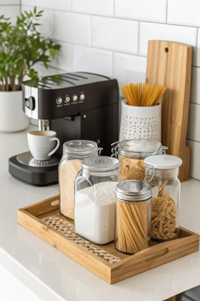 Kitchen counter with coffee maker, cutting board, and glass jars showing functional essentials in decor.