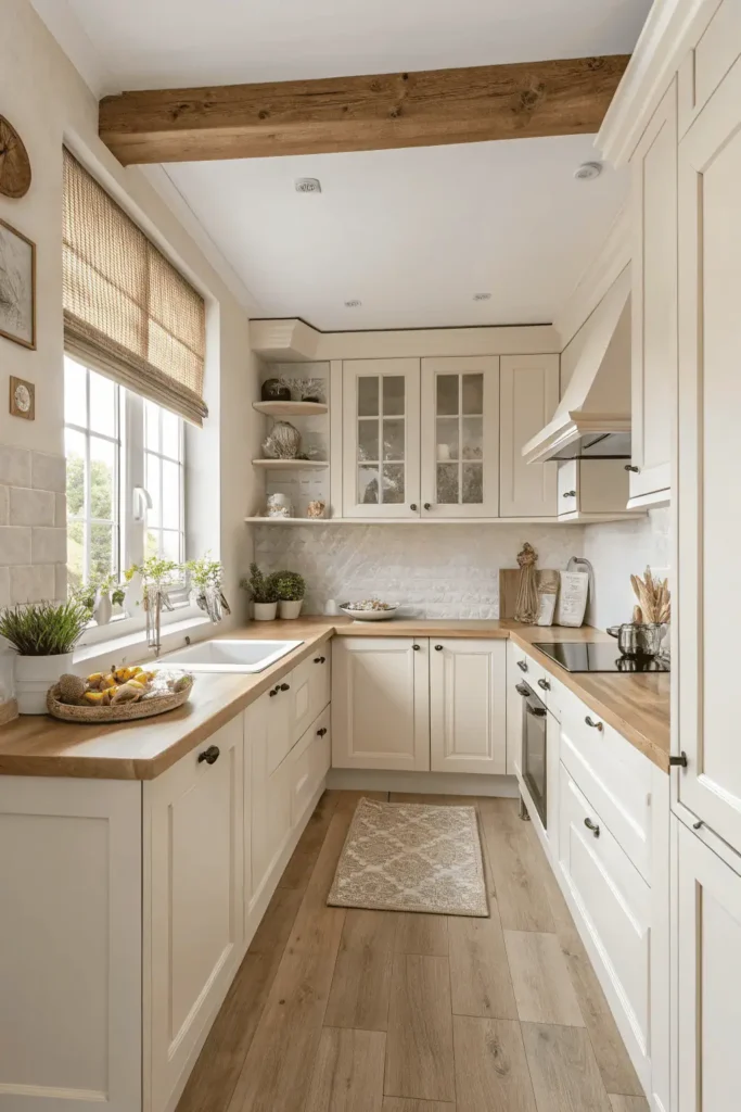 Small open kitchen with white cabinets, beige counters, and light wood flooring.