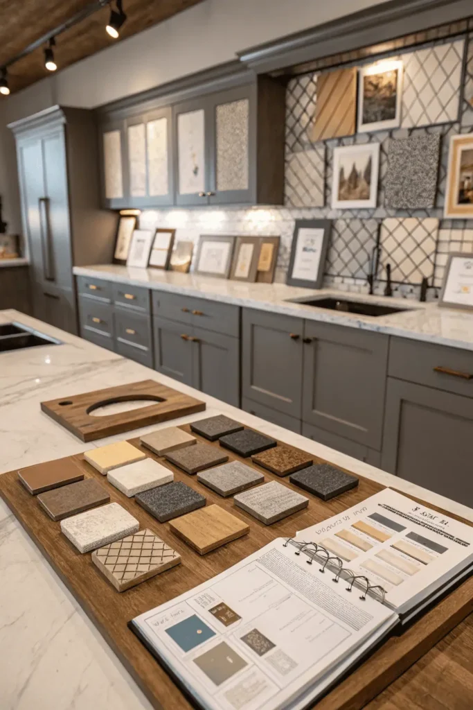 Kitchen design samples including countertops, cabinet finishes, flooring, and backsplash tiles arranged with theme boards for modern, rustic, traditional, and industrial styles.