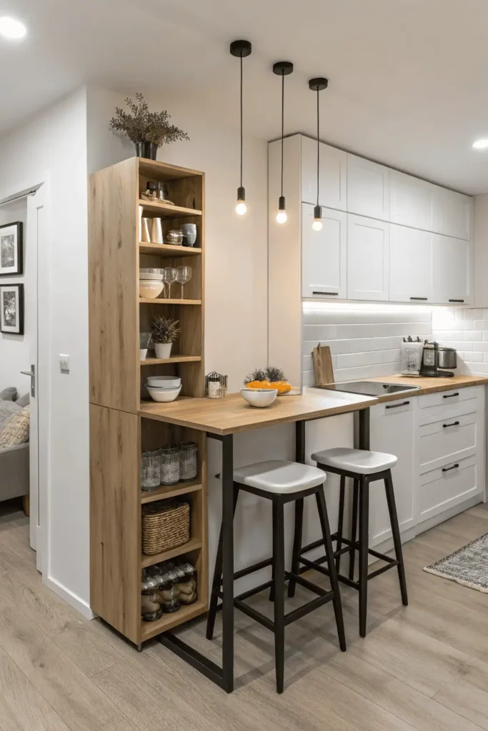 Small kitchen with a table that includes built-in storage and stools underneath.