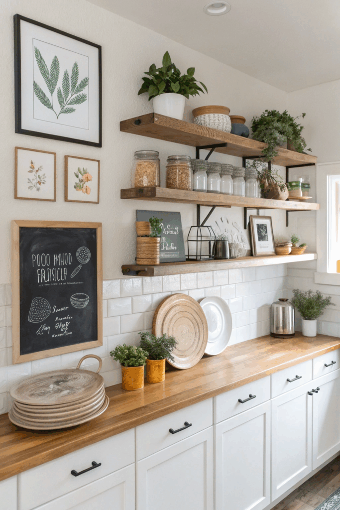 Kitchen with decorated walls and floating shelves displaying plants and jars.