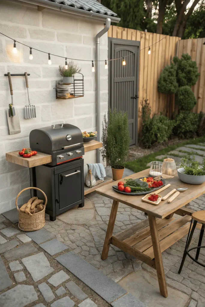 Compact charcoal grill in backyard outdoor kitchen with wooden prep table and fresh vegetables.