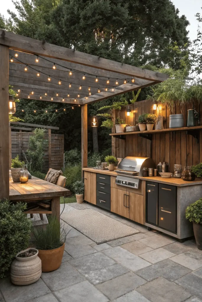 Affordable outdoor garden kitchen with wooden counters, stone floor, open shelves, and potted plants.