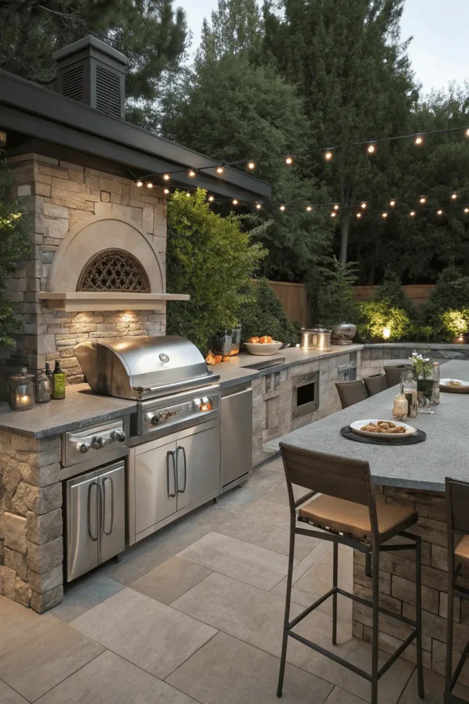 Outdoor kitchen with stainless steel grill, fridge, and pizza oven built into stone countertops.