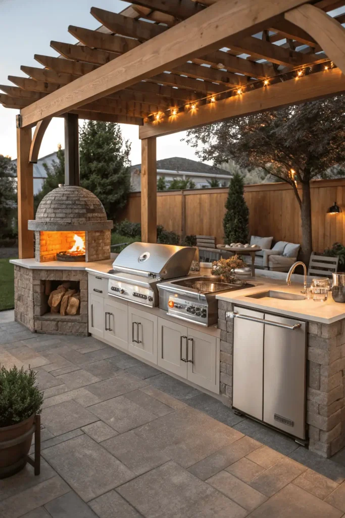 Backyard outdoor kitchen with grill, refrigerator, sink, and pizza oven built into stone counters.
