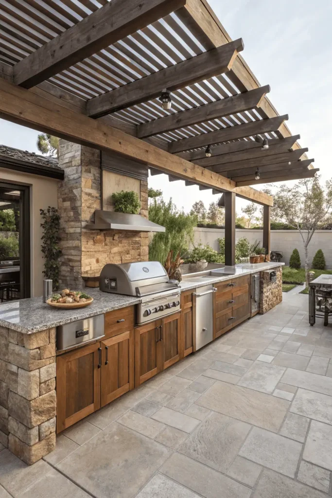 Outdoor kitchen with stone countertops, stainless steel grill, and weather-resistant wooden cabinets, designed with durable materials for long-lasting use.