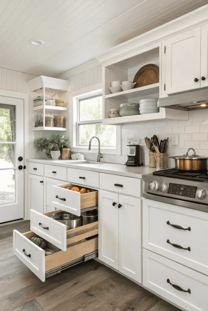 Updated mobile home kitchen cabinets with modern hardware, open shelving, and pull-out storage organizers.