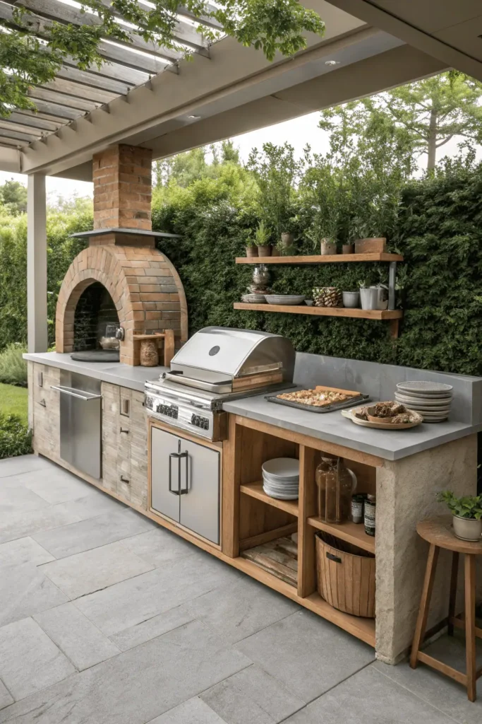 Outdoor garden kitchen with stainless steel grill, brick pizza oven, stone counter, and wooden shelves.