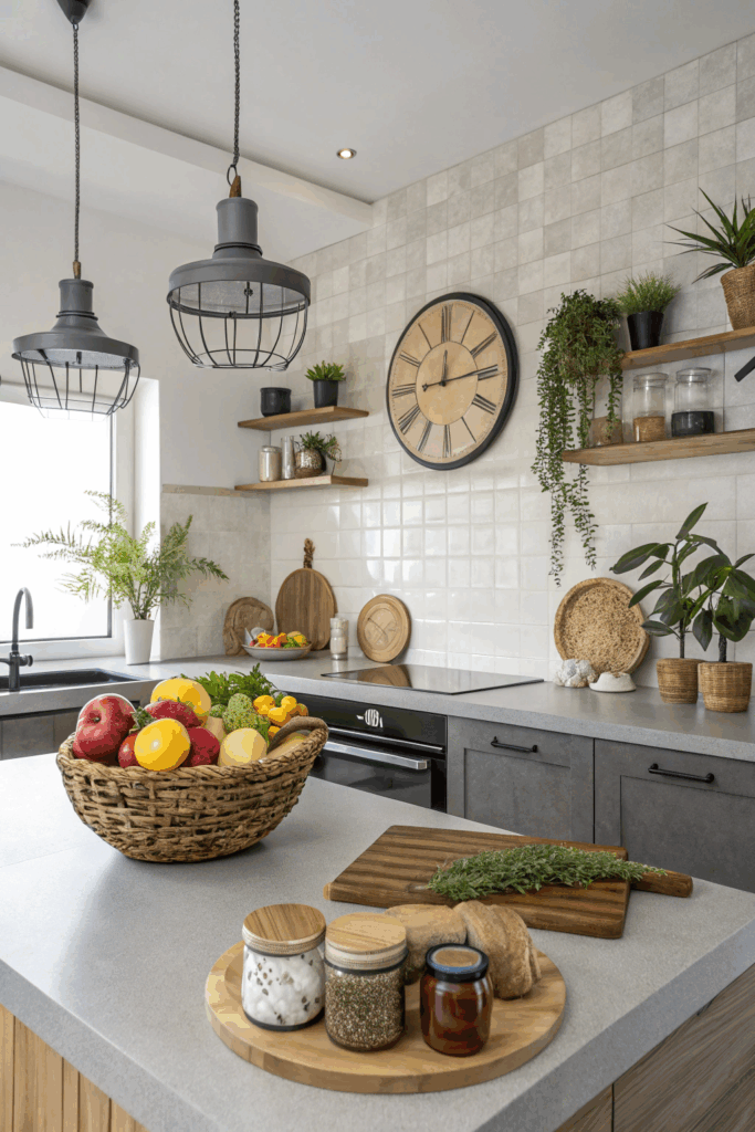 Kitchen with fruit bowl, cutting boards, jars, and plants as functional decor.