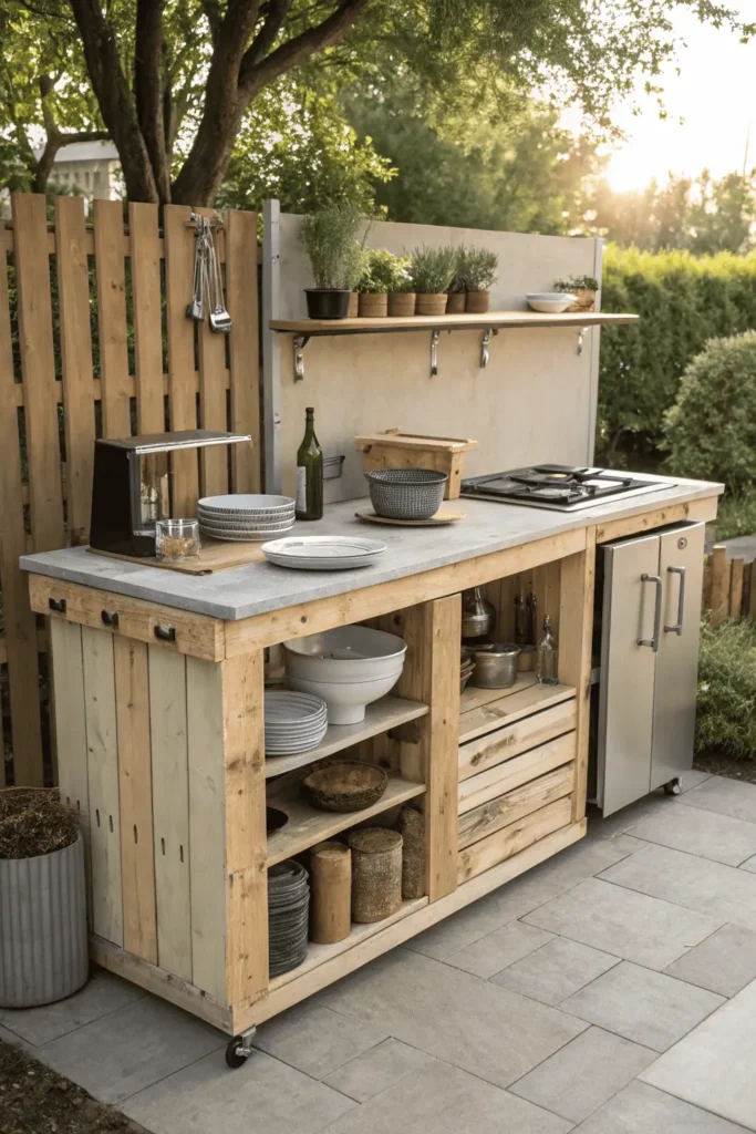 Outdoor kitchen with wooden pallet counter, open metal shelves, and small storage cabinet.