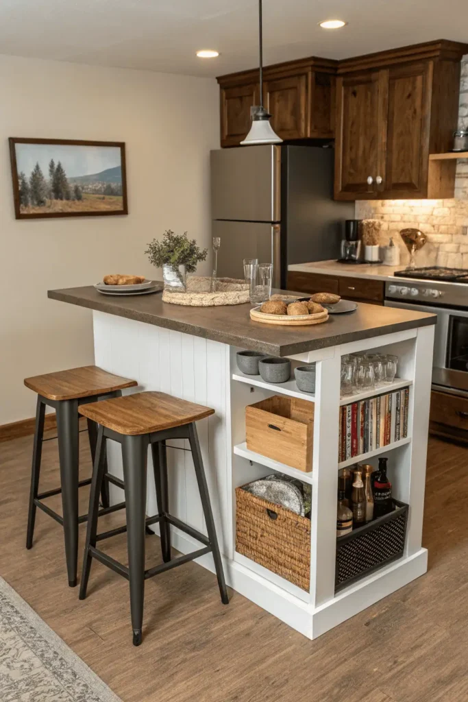 Small open kitchen with a compact island bar, built-in storage, and bar stools.