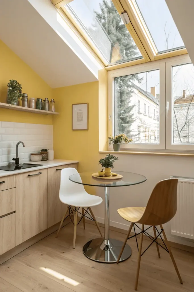 Small kitchen with a glass table and light wooden chairs creating an airy feel.