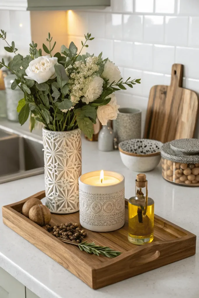 Kitchen counter decorated with vase, candle, and tray of spices showing layered decorative accents.
