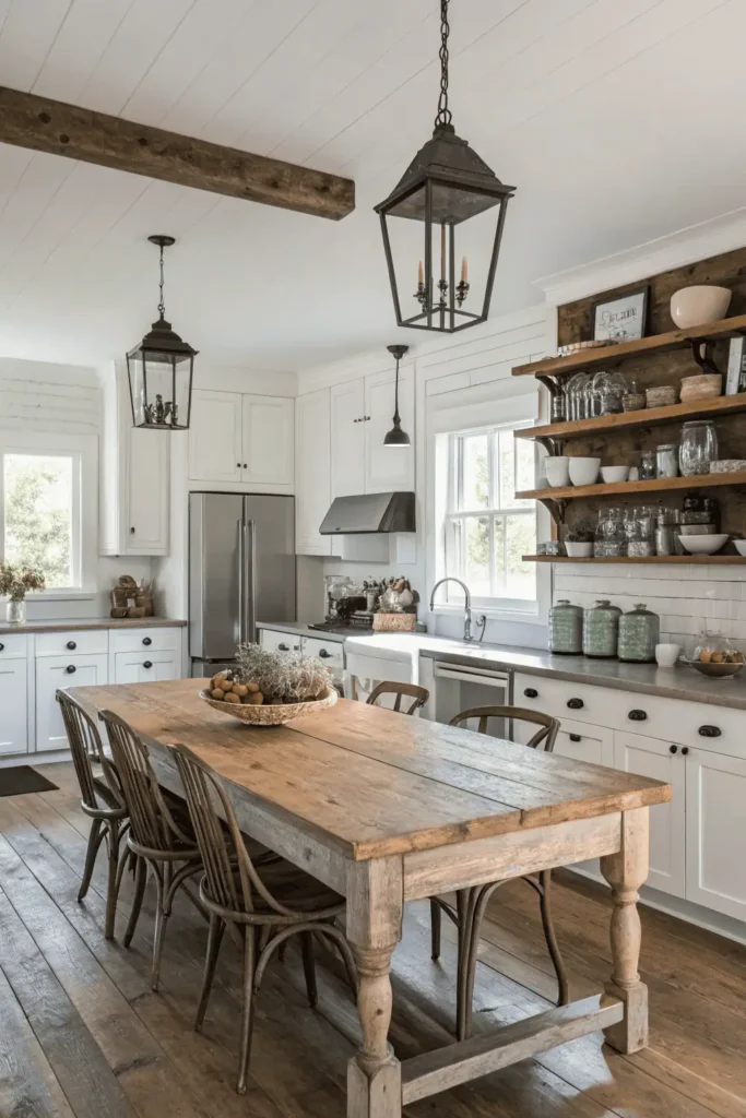 Farmhouse kitchen blending vintage furniture like a rustic wooden table with modern stainless-steel appliances and lighting for a practical, stylish look.
