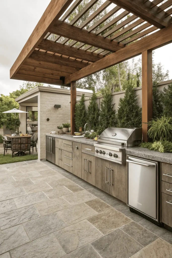 Outdoor kitchen with stone countertops, stainless steel appliances, and wooden pergola.