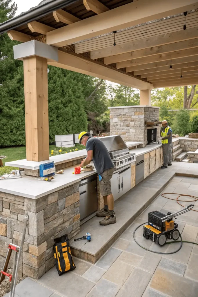 Outdoor kitchen under construction with professionals arranging gas, water, and electrical connections to ensure safety and compliance before installation.