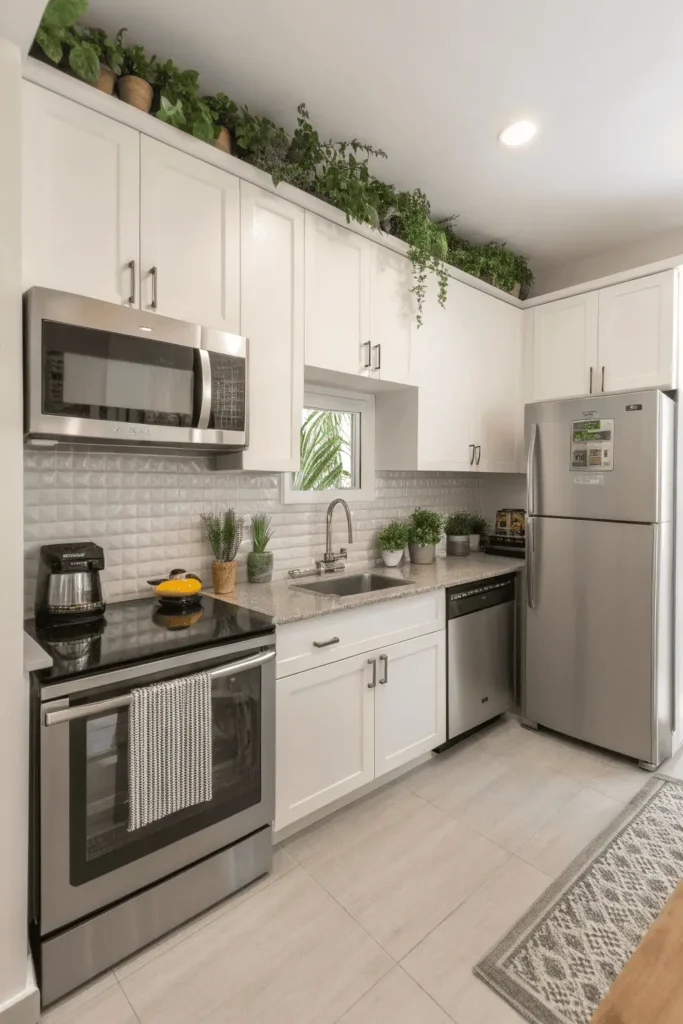 Modern kitchen with new stainless steel energy-efficient appliances, including refrigerator, oven, and dishwasher, highlighting eco-friendly upgrades.