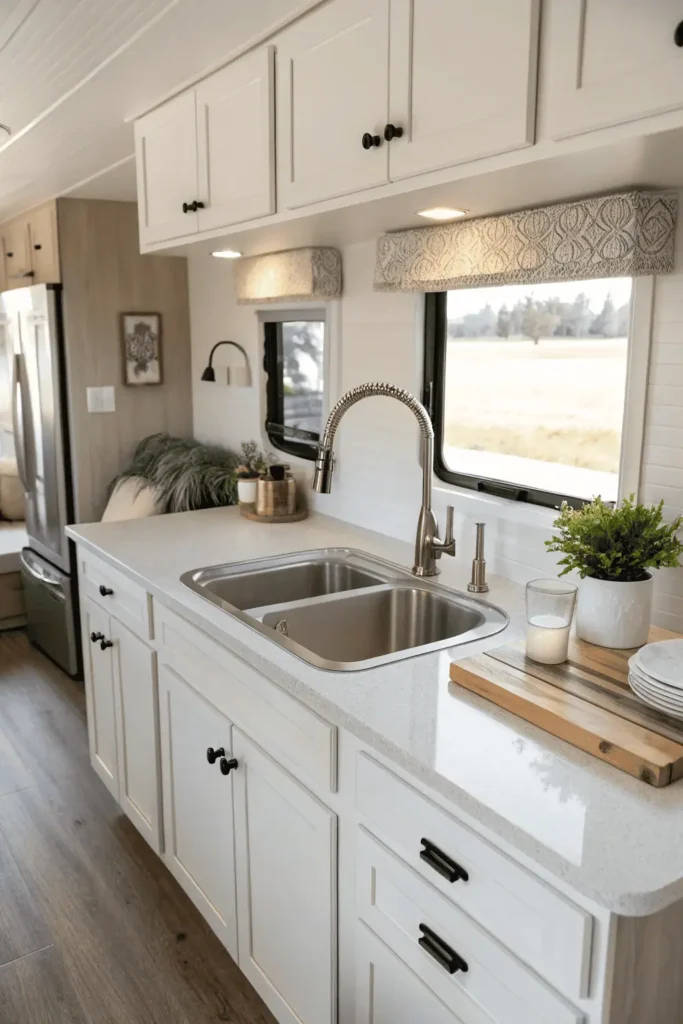 Mobile home kitchen remodel with light quartz countertops and white cabinets for a modern upgrade.