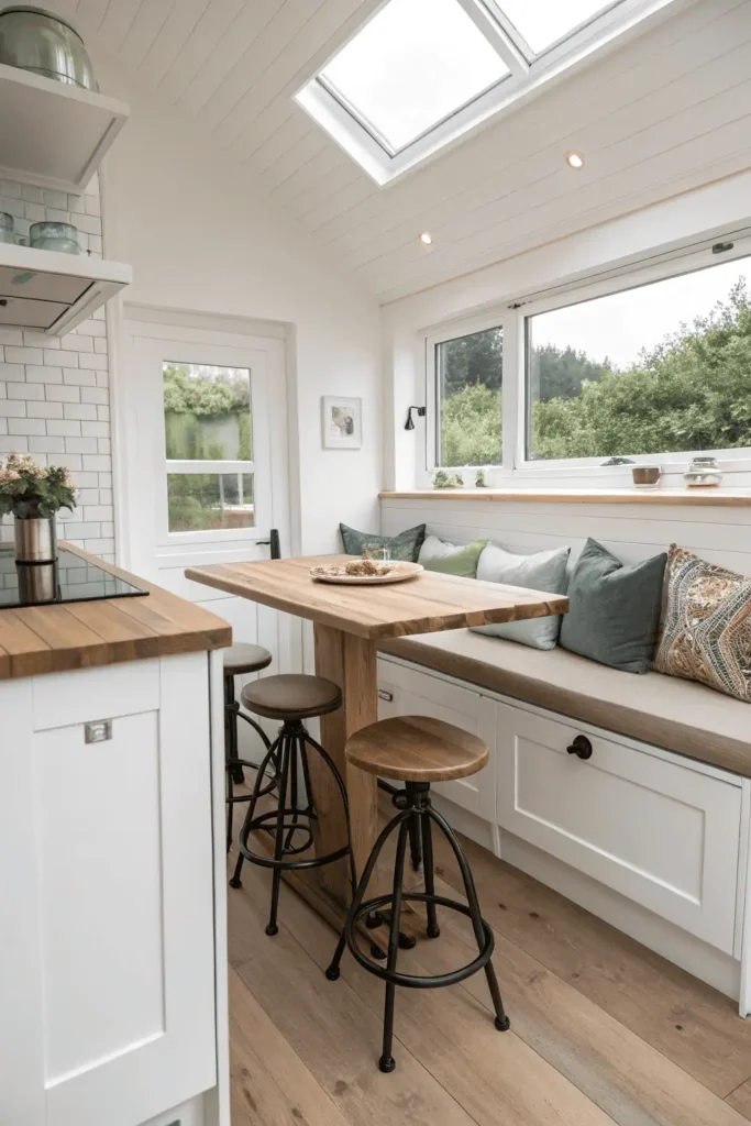Small kitchen with stools tucked under a table and a built-in bench for seating.
