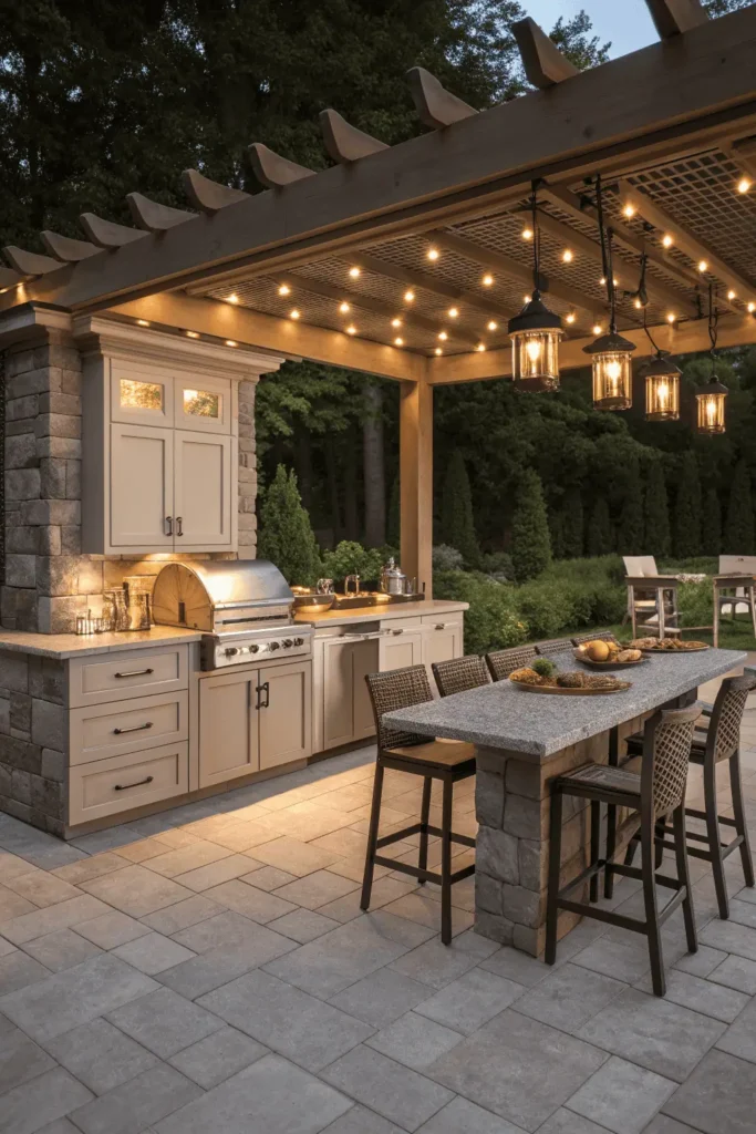 Backyard outdoor kitchen with pergola, string lights, and roof shelter for dining and cooking.