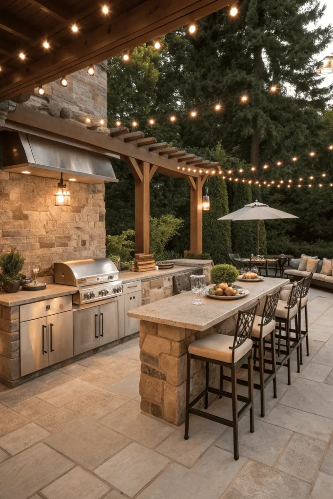 Outdoor kitchen with built-in storage cabinets, bar stools, and a dining set under string lights.