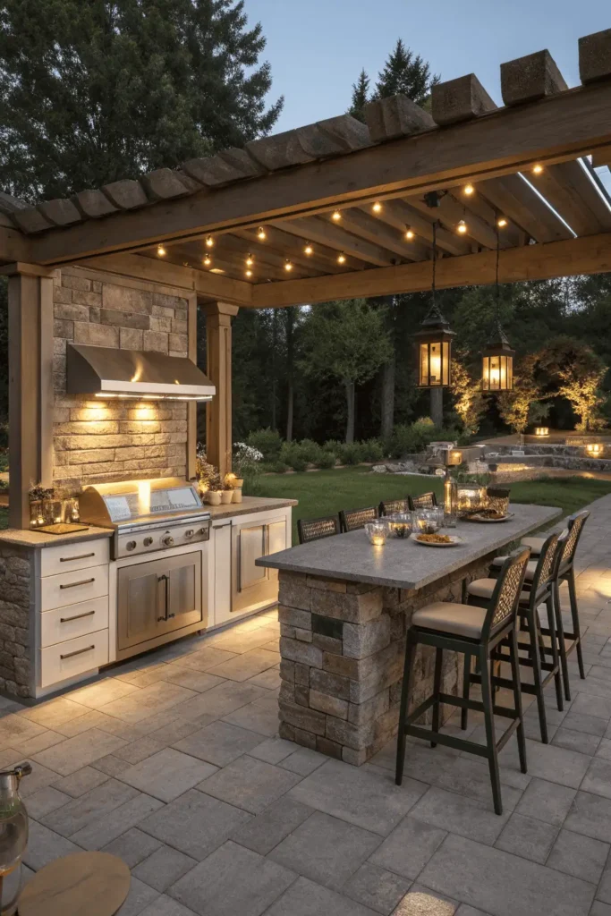Backyard outdoor kitchen with built-in cabinets, bar stools, and dining table seating under a pergola.