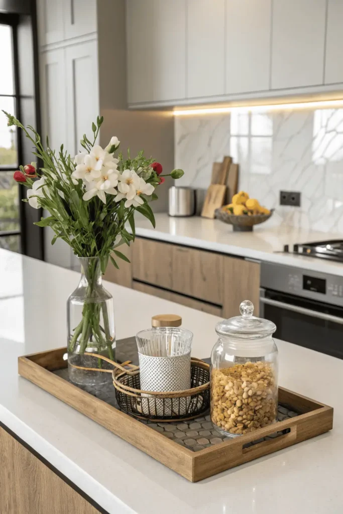 Kitchen counter with tray and vase on one side and open space on the other showing balanced decor.