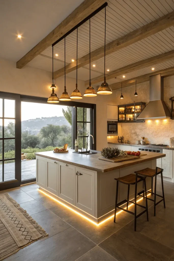 Small open kitchen with pendant lights, recessed ceiling lights, and under-cabinet LED lighting.