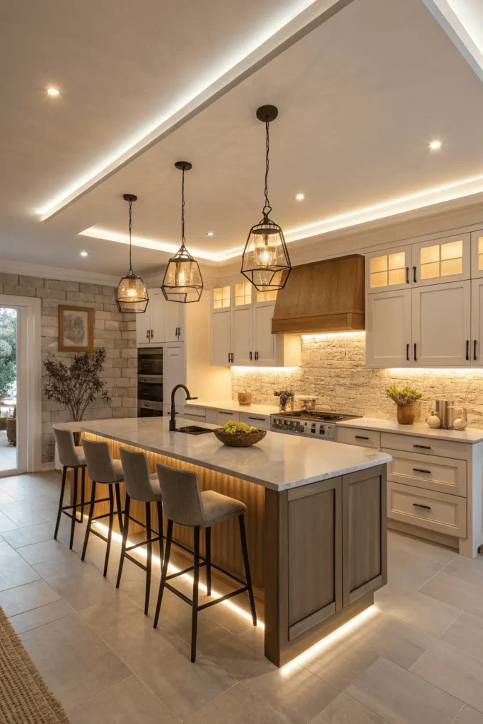 Modern kitchen with task lighting under cabinets, pendant accent lights above the island, and ceiling fixtures providing ambient lighting for a balanced look.