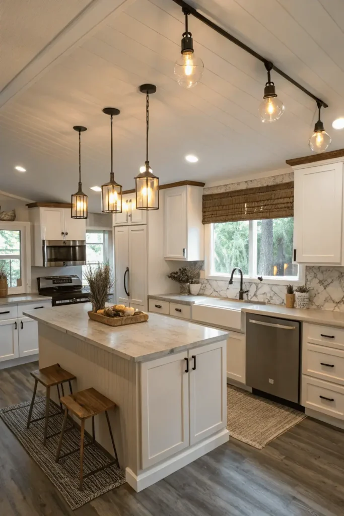 Mobile home kitchen remodel with under-cabinet LED lighting and pendant lights above a small island.