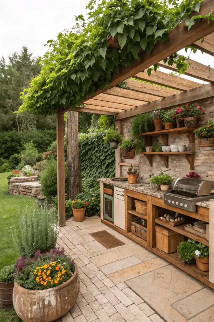 Outdoor garden kitchen with potted herbs, flowers, pergola vines, and raised vegetable bed near grill.