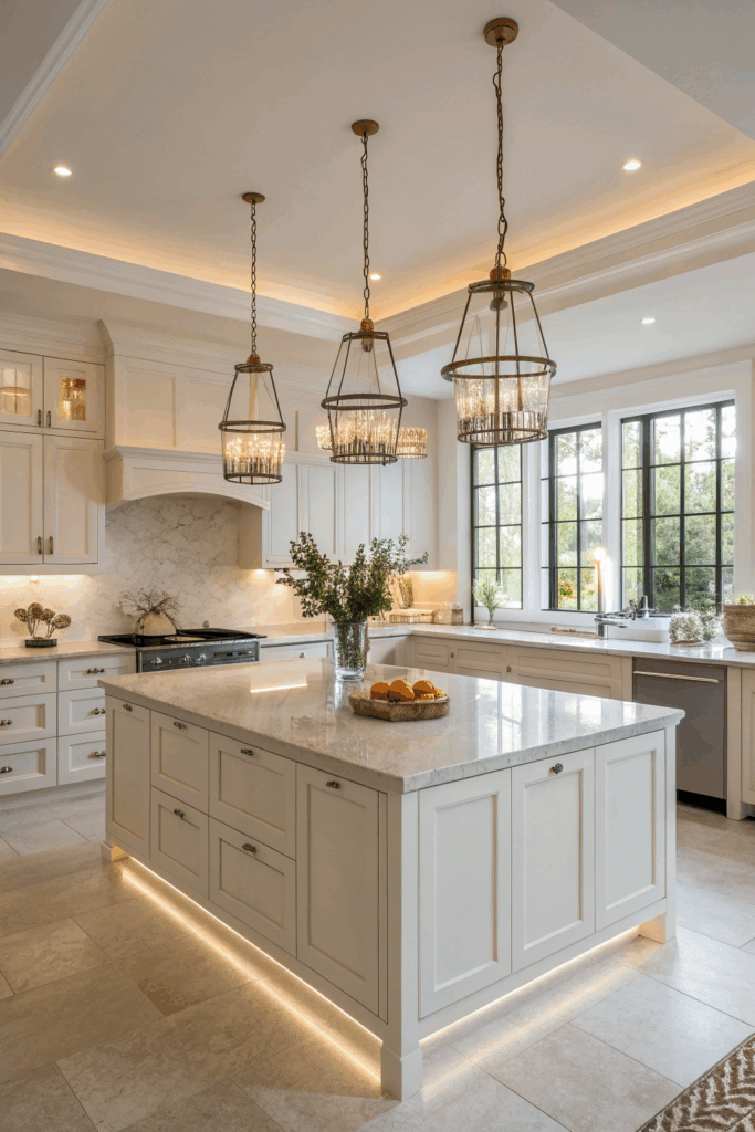 Kitchen with pendant lights, LED strips, chandelier, and natural light.